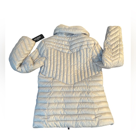 Guess Quilted Puffer Silver Jacket Fur Lined - Picture 15 of 16